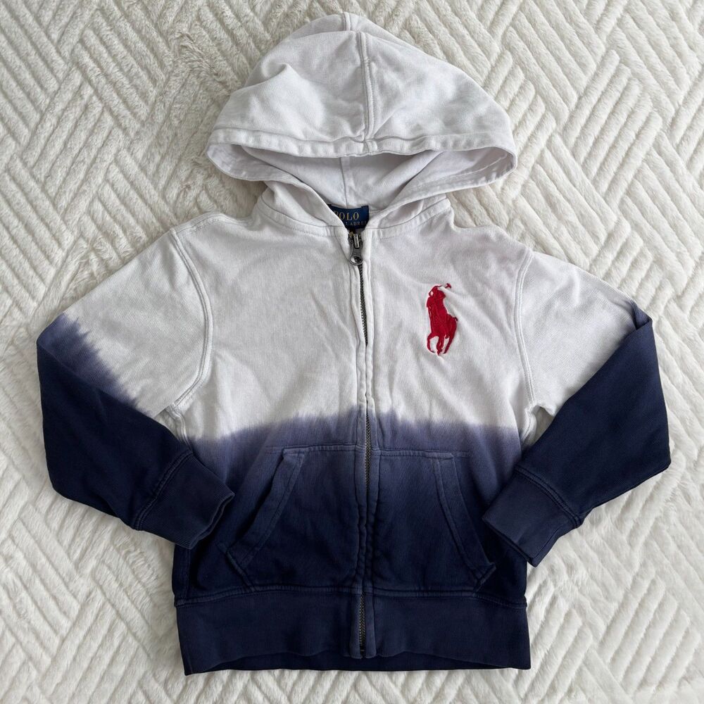 Polo Ralph Lauren Boys 4T Ombre Big Pony Full Zip Hoodie Navy White Dip Dye